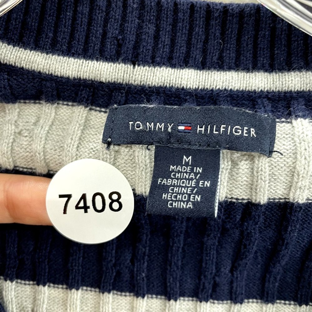 Tommy Hilfiger Navy Blue Grey Striped Cable Knit V-Neck Sweater Womens M Medium - Picture 9 of 9